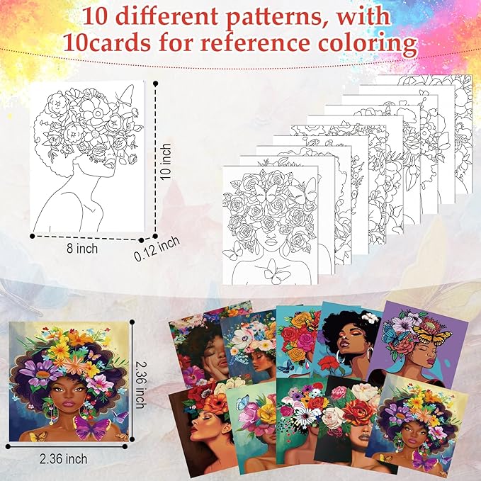 Ctosree 72 Pcs Flower Lady Paint and Sip Kit for Adults 8'' x 10'' Pre Drawn Canvas for Painting DIY Pre Printed Canvas for Party Favor Afro Acrylic Painting Kit Wood Easel Brushes Date Night Bulk