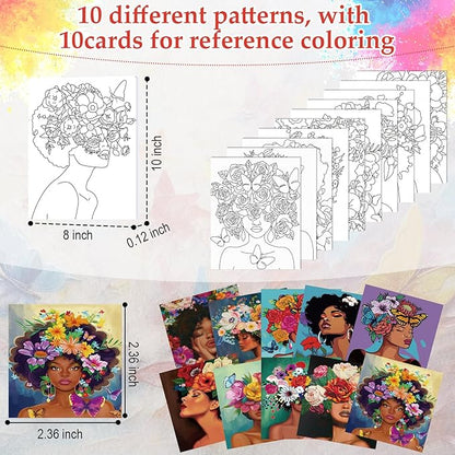 Ctosree 72 Pcs Flower Lady Paint and Sip Kit for Adults 8'' x 10'' Pre Drawn Canvas for Painting DIY Pre Printed Canvas for Party Favor Afro Acrylic Painting Kit Wood Easel Brushes Date Night Bulk