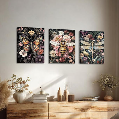 WENGTIAO 3Pcs Vintage Insect Canvas Wall Art Gothic Dark Flower Prints Bee Butterfly Dragonfly Pictures Nature Plant Paintings Artwork for Living Room Bathroom Bedroom 12x16x3