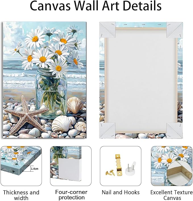 WENGTIAO Blue Beach Bunch of Flowers Canvas Wall Art Ocean Stones Paintings White Flowers in Full Bloom Wall Picture Canvas Print Artwork Wall Decor for Dining Office Living Room Bedroom 12"x16"
