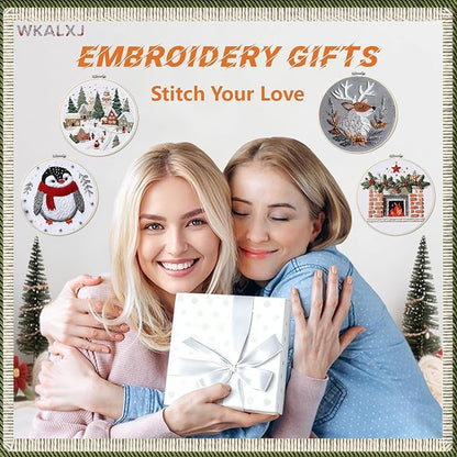WKALXJ 4 Sets Christmas Embroidery Kits for Adults, Embroidery Kit for Beginners, Cross Stitch Kits for Beginners with Pattern, Needles, Threads, Tools (Resort+Penguin+Fireplace+Elk)