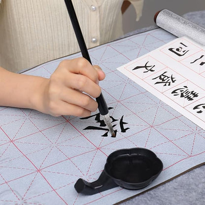 MEGREZ 4 Set No Ink Chinese Calligraphy Practice Set, Water Writing Cloth Calligraphy Comes with Magic Cloth, Brush Pen, Water Dish, Calligraphy Copy for Beginners, Silver