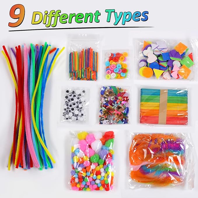 Phinus Craft Supplies Set - 9 Types of Arts & Crafts Materials, Unisex, 1000+ Pcs Kit, Suitable for Classroom, Family, Party, DIY, Art Creation & Decoration