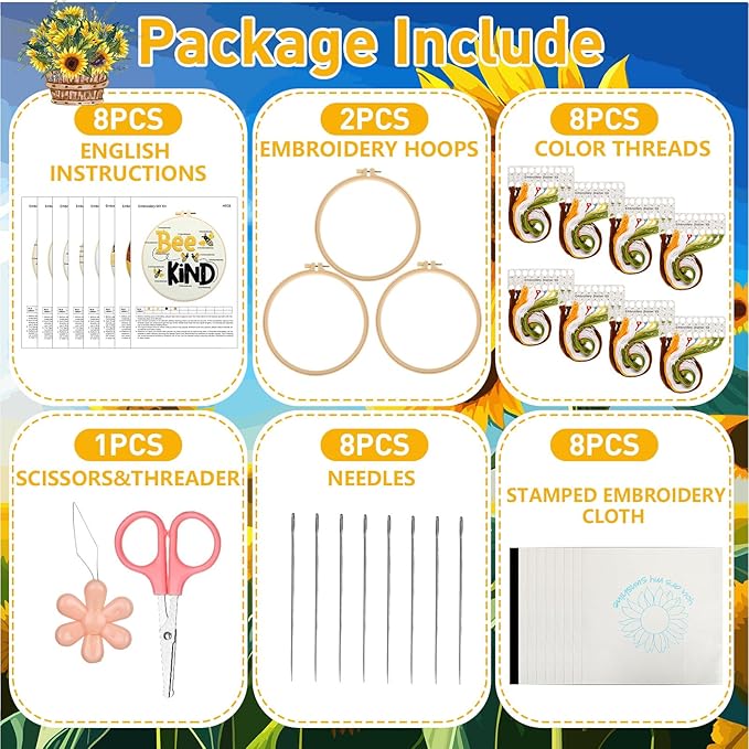 Riceshoot 8 Set Sunflower Embroidery Kit for Beginner Adults Cross Kit with Pattern Instruction, Embroidery Cloth and Hoops, Thread, Needle, Needle Threader, Thread Remover, Scissors