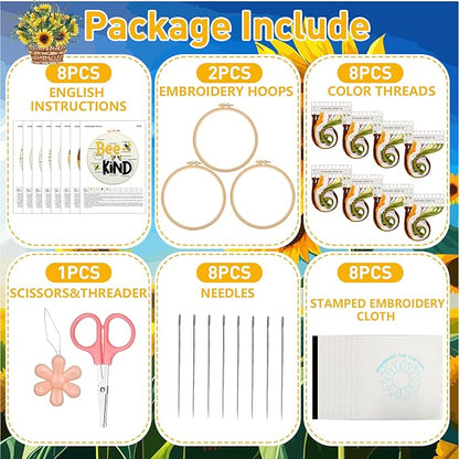 Riceshoot 8 Set Sunflower Embroidery Kit for Beginner Adults Cross Kit with Pattern Instruction, Embroidery Cloth and Hoops, Thread, Needle, Needle Threader, Thread Remover, Scissors