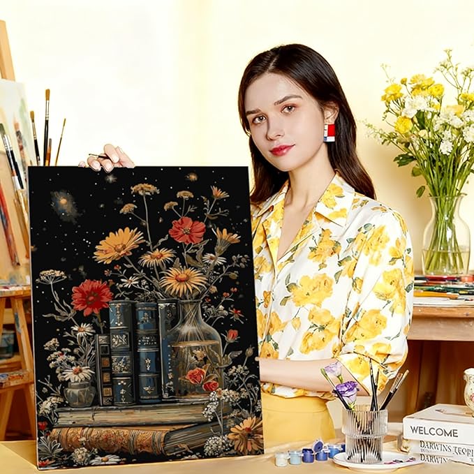 DFPSCLLA Paint by Numbers for Adults, Vintage Books and Flowers DIY Paint by Numbers Acrylic Paint Canvas, Painting Kits Art on Canvas for Home Wall Art 16x20 Inch（Without Frame）