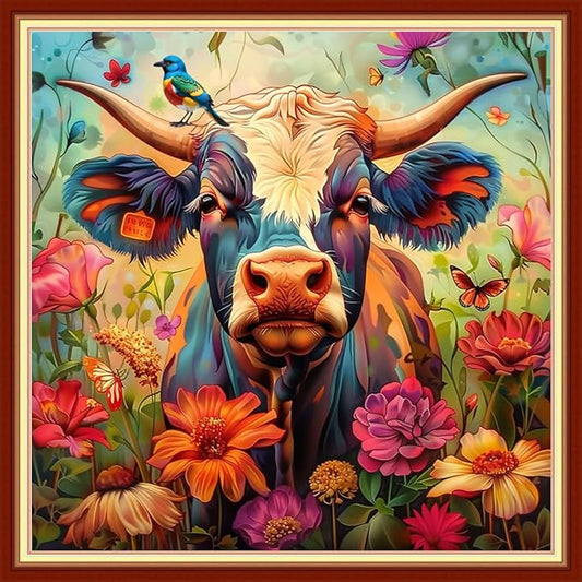 Joyhoor Stamped Cross Stitch Kits for Beginners, Needlepoint Kits for Adults, 11CT Counted Embroidery Kits-Colored Cattle 18x18 inchs