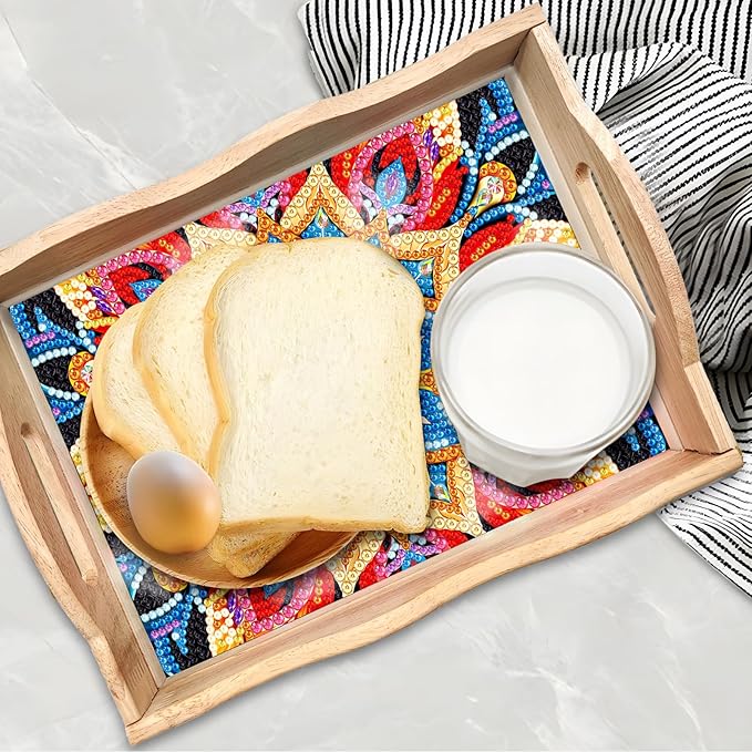 FGbaby DIY 5D Mandala Diamond Painting Wood Serving Tray with Handles Diamond Art Decorative Serving Trays Wooden Tray for Breakfast in Bed, Patio, BBQ, Coffee Table, Party – Great for Lap & Couch