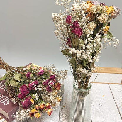 L'BREVOGA Dried Flowers with Stem, 16 inches Dried Spray Rose with Baby's Breath for Floral Arrangments Home Decoration (Rose)