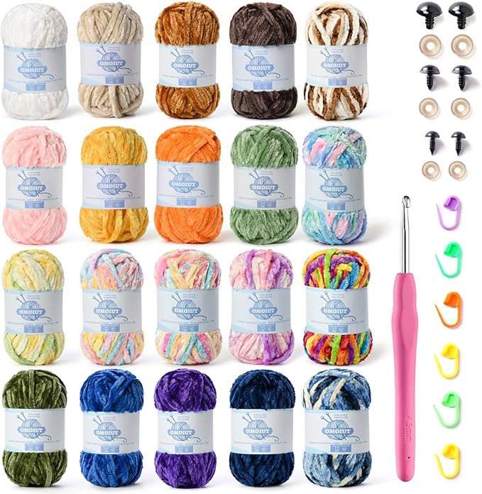 20 Pack 984 (yd) Chunky Chenille Yarn for Crocheting and Hand Knitting with Black Red White Green Yellow Rainbow Plush Velvet Yarn，Baby Blanket Yarn for Crocheting Soft Amigurumi Yarn B
