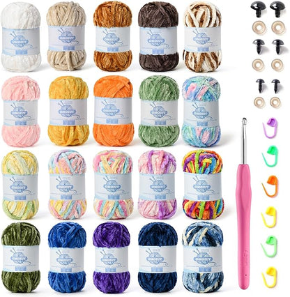 20 Pack 984 (yd) Chunky Chenille Yarn for Crocheting and Hand Knitting with Black Red White Green Yellow Rainbow Plush Velvet Yarn，Baby Blanket Yarn for Crocheting Soft Amigurumi Yarn B
