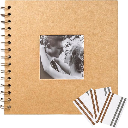 MEMOTOR Scrapbook 8 x 8 Inch DIY Square Photo Window + 3 Corner Stickers, Photo Album Hardcover Kraft Paper Brown 20 Sheets/ 40 Pages