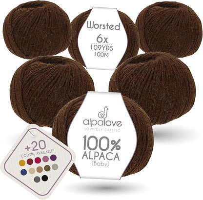 Worsted Set (6 x 1.75 oz) Super Soft Baby Alpaca Knitting Yarn Chocolate 656 Yards