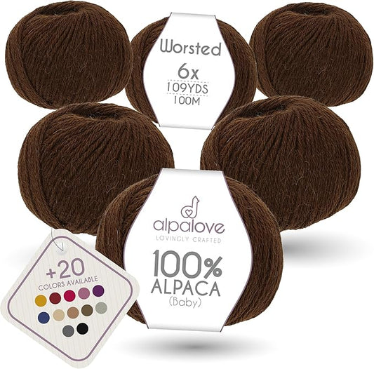 Worsted Set (6 x 1.75 oz) Super Soft Baby Alpaca Knitting Yarn Chocolate 656 Yards