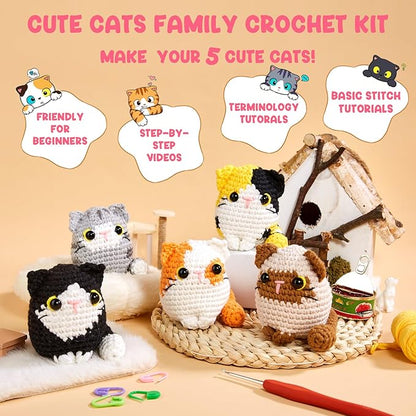 MAGIMUSE Crochet Kit for Beginners, Beginner Crochet Kit with Step-by-Step Video Tutorials, DIY Crochet Animal Kits Amigurumi Craft Knitting Supplies, 5 Pack Cats (40%+ Yarn)