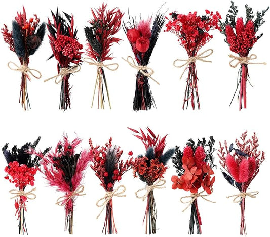 10/12/24/36 Pack Mini Dried Flowers for Vase Wedding Various Mini Bouquet Dried Small Wildflowers Natural Flowers Bulk for Crafts DIY Decor (12, Gothic Color)