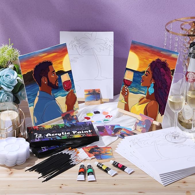 Ctosree 72 Pcs Lovely Couple Paint and Sip Kit for Adults 8'' x 10'' Pre Drawn Canvas for Painting DIY Pre Printed Canvas for Party Favor Afro Acrylic Painting Kit Wood Easel Brushes Date Night Bulk
