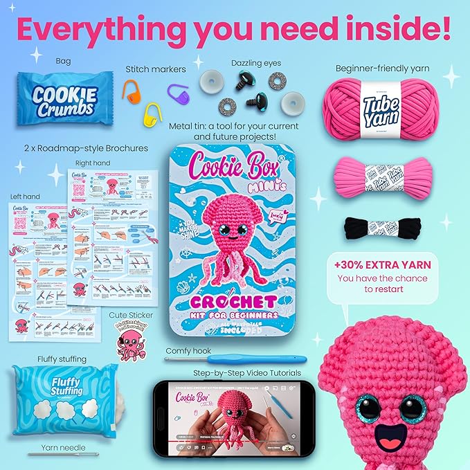 Cookie Box Crochet Kit for Beginners – Gift Set to Make Squid Inky Amigurumi Plushie – Easy DIY Crochet & Knitting Starter Kit with Printed Instructions & Step-by-Step Video Tutorial