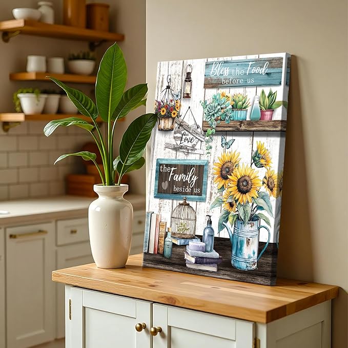 WENGTIAO Kitchen Canvas Wall Art Rustic Sunflower Pictures Vintage Bless The Food Before Us Sign Prints Paintings Christian Religious Bible Quotes Artwork for Farmhouse Dining Room Living Room 16x24in