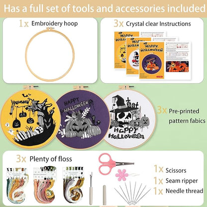 Ohcol 3 Sets Halloween Embroidery Kit,Needlepoint Kits for Adults with Clear Instructions