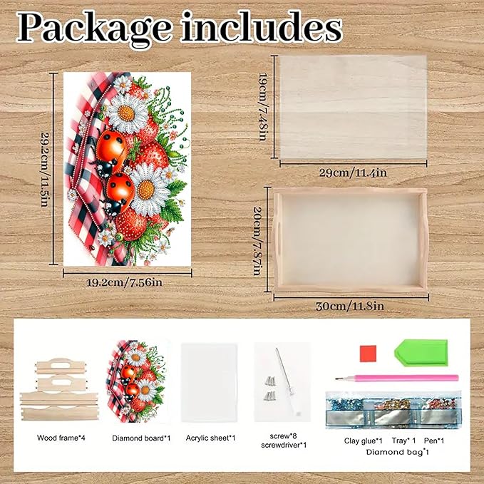 DoxQcs DIY Diamond Art Wooden Food Tray with Handle Diamond Painted Table Decoration Tray for Breakfast Bar Dinner Table Diamonds Art Painting for Beginners-Strawberry