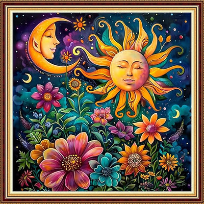 Funart Stamped Cross Stitch Kits for Beginners Full Range of Cross Stitching Preprinted Embroidery Kits for Adults, 11CT Embroidery Pattern Needlepoint Kits-Sun and Moon Flowers 18x18 inchs