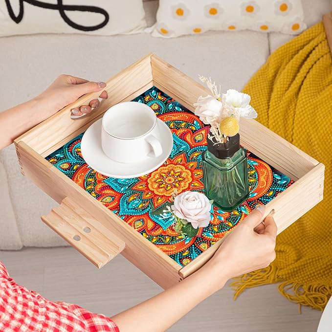 EWJRNSF Diamond Art Kits for Adults Wooden Serving Trays with Handles, 5D Diamond Painting Big Gem Arts and Craft Gifts Trays with Phone Holder Decor Gift Home Decor 12.2x16.1 Inches Mandala