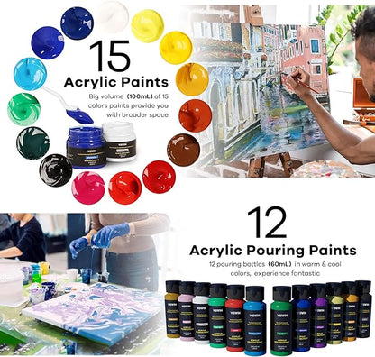VISWIN Acrylic Paint Set with French Easel, Professional Painting Kit with Acrylic, Pouring Paints, Brushes, Canvas, Art Supplies, Art Set for Adults, Artists, Beginners