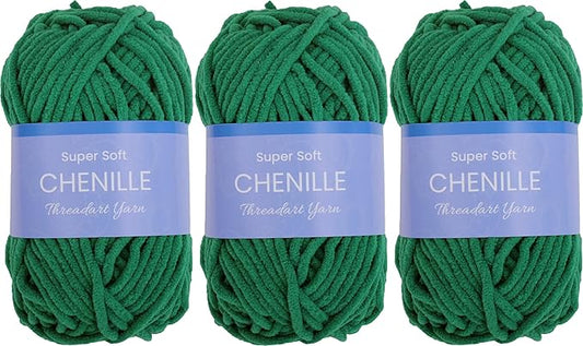3 Pack ThreadArt Chenille Yarn for Crocheting, Knitting, Amigurumi, Super Soft Plush Velvet Yarn - 50 Gram 60 yds #5 Fluffy Yarn Skeins - Pine Green 23
