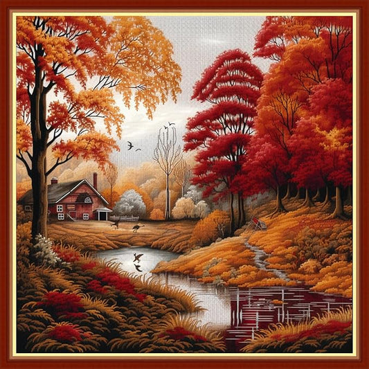 Findvoor Stamped Cross Stitch Kits for Beginners Full Range of Cross Stitching Embroidery Pattern for Adults, 11CT DIY Needlepoint Embroidery Starter Kits-Late Autumn 17.7x17.7 inch