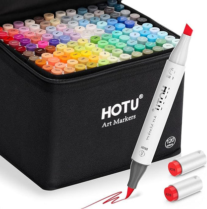 HOTU Alcohol Markers Brush Tip-120 Colors Dual Tip Art Markers for Adult Coloring, with Pro Ink, Seamless Blend, Non-Bleeding Pad & Color Card, Pens for Amateurs/Artists (Brush & Chisel Tip)