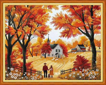 Dimensean Stamped Cross Stitch Kits Full Range of Embroidery Patterns Starter Kits for Beginners Adult DIY Cross Stitches Needlepoint Kits 11CT-Golden Autumn Couple 16x20 inch