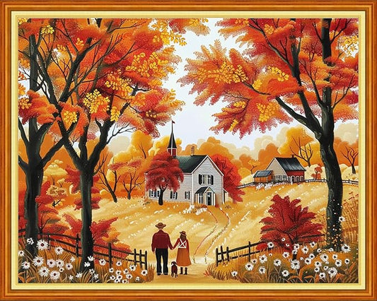 Dimensean Stamped Cross Stitch Kits Full Range of Embroidery Patterns Starter Kits for Beginners Adult DIY Cross Stitches Needlepoint Kits 11CT-Golden Autumn Couple 16x20 inch