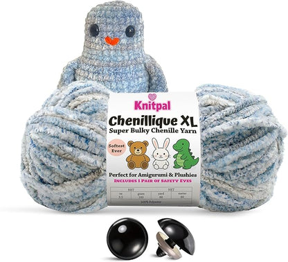 Chenillique XL Super Bulky Chenille Yarn – 100g Skein (88 Yards) + Safety Eyes + Free Plushie Pattern – Plush Polyester Yarn for Amigurumi, Crochet & Knitting - Blue Whisper