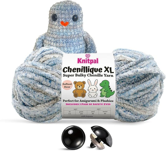 Chenillique XL Super Bulky Chenille Yarn – 100g Skein (88 Yards) + Safety Eyes + Free Plushie Pattern – Plush Polyester Yarn for Amigurumi, Crochet & Knitting - Blue Whisper