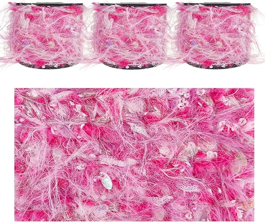 Artisanal Yarn Collection Multifiber Fancy Yarn with Iridescent Sequins for Knitting Crocheting Crafts DIY, Set of 3 Rolls (Neon Pink)