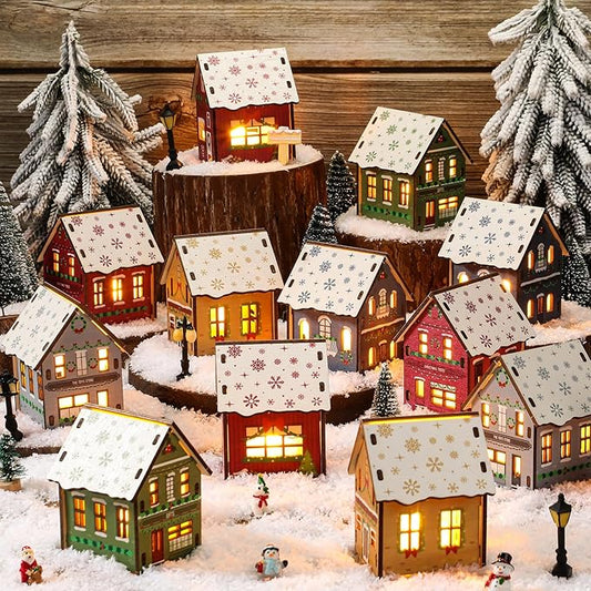 29 Pcs DIY Christmas Village Sets 12 Pcs Wood Village Houses Xmas Scene Figurines Decoration Mini Tree Desktop Ornament for Indoor Room Landscape Xmas Holiday Party Decor (Winter Style)