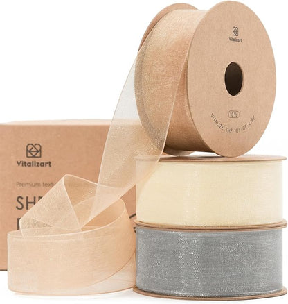 Vitalizart Organza Sheer Ribbon 1 inch x 30 Yd Cream White Rose Gold & Silver Handmade Fabric Ribbons for Gift Wrapping Christmas Tree Crafts Bows Wedding Invitations Wreaths Wrap