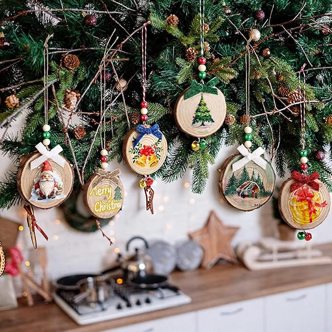 Gerrii 120 Pcs Natural Wooden Slices 2-4 Inch Wooden Christmas Ornament Embellishments Craft with Bows Beads Bells DIY Creative Handmade for Christmas Ornaments Holiday Hanging Decorations