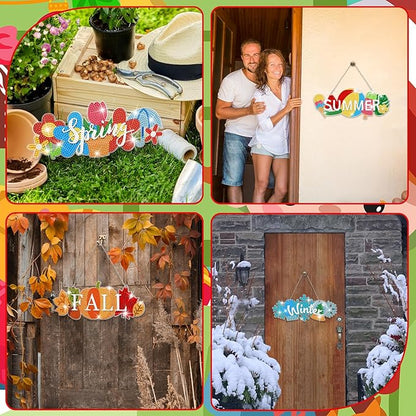 Cinnvoice 12 Pcs Seasonal Diamond Art Wreath Kits Holiday 5d DIY Diamond Art Hanging Signs Winter Spring Ornaments for Wall Door Decoration(Rustic)