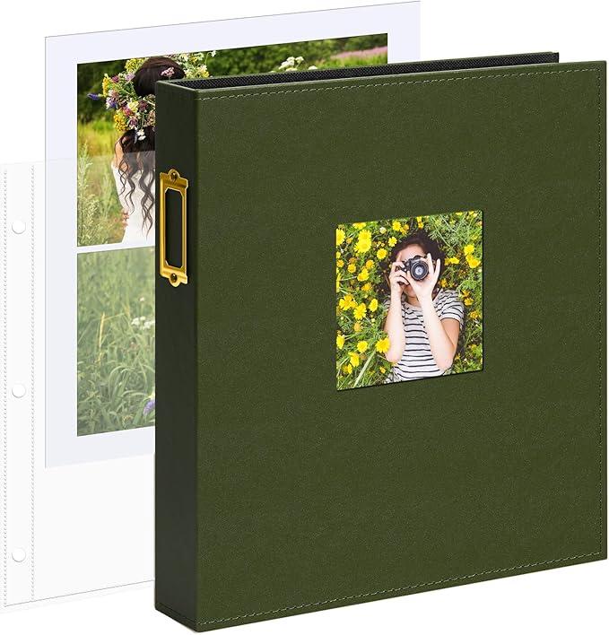 Vienrose 8.5x11 Inch Large 3 Ring DIY Scrapbook Photo Album Leather Cover Scrap Book Albums Blank Scrapbooks Photobook with 50 Plastic Sleeves 100 Pages for Wedding Family Anniversary (Dark Green)