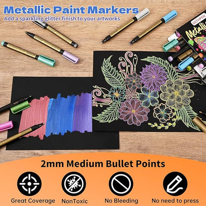 GETHPEN Metallic Marker Pens,12 Colors Acrylic Metallic Markers for Black Paper,2mm Medium Tip Glitter Pens Stocking Stuffers for Scrapbooking, Rock Painting, Glass, Wood,Card Making, Photo Albums
