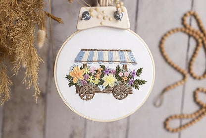 Looples Embroidery Kit for Beginners and Adults with Video Tutorials – DIY Starter Kit with 3 Stamped Floral Patterns, Hoops, Threads, Needles, and Instructions - Cart, Glass Jar, and Flowers