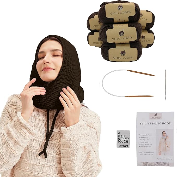 Chic Loops Knitting Kit for Beginners, Knitted Hooded Scarf Beginner Crochet Kit for Adults, Crochet Soft and Cozy Balaclava Beanie Basic Hood for Womem Outdoor Sports with Instruction(Burnt Tea)