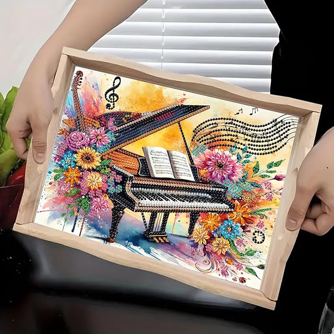 DoxQcs DIY Diamond Art Wooden Tray Kit Easter Food Tray with Handle Diamond Painted Table Decoration Tray for Breakfast Bar Dinner Table Diamond Art Painting for Beginners-#04-Piano
