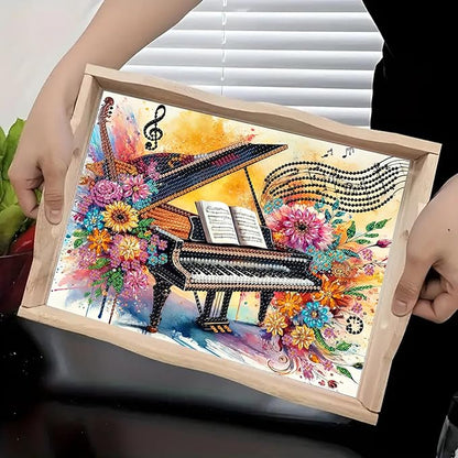 DoxQcs DIY Diamond Art Wooden Tray Kit Easter Food Tray with Handle Diamond Painted Table Decoration Tray for Breakfast Bar Dinner Table Diamond Art Painting for Beginners-#04-Piano