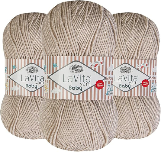 LaVita Baby Premium Anti-Pill Acrylic Yarn - 820 Yards, 3 x 3.5 oz - Warm, Airy Fiber with Silky Texture - Oeko-TEX Certified, Durable, Lightweight, Long-Lasting, Solid Pastel Colors - 3 Skeins Pack