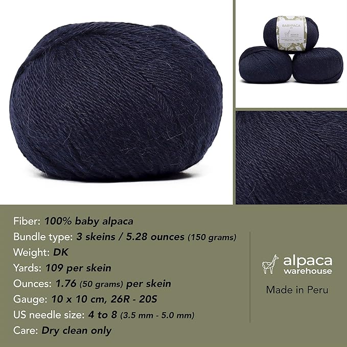 100% Baby Alpaca Yarn Wool Set of 3 Skeins (150 Grams) DK Weight - Made in Peru - Heavenly Soft and Perfect for Knitting and Crocheting (Navy Blue, DK)