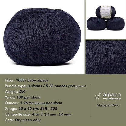 100% Baby Alpaca Yarn Wool Set of 3 Skeins (150 Grams) DK Weight - Made in Peru - Heavenly Soft and Perfect for Knitting and Crocheting (Navy Blue, DK)