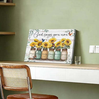 WENGTIAO Christian Sunflower Canvas Wall Art Print God Says You Are Picture Bible Verse Poster Inspirational Scripture Painting Mason Jar Flower Wall Decor Quotes Artwork for Living Room Bedroom 16x24 inch
